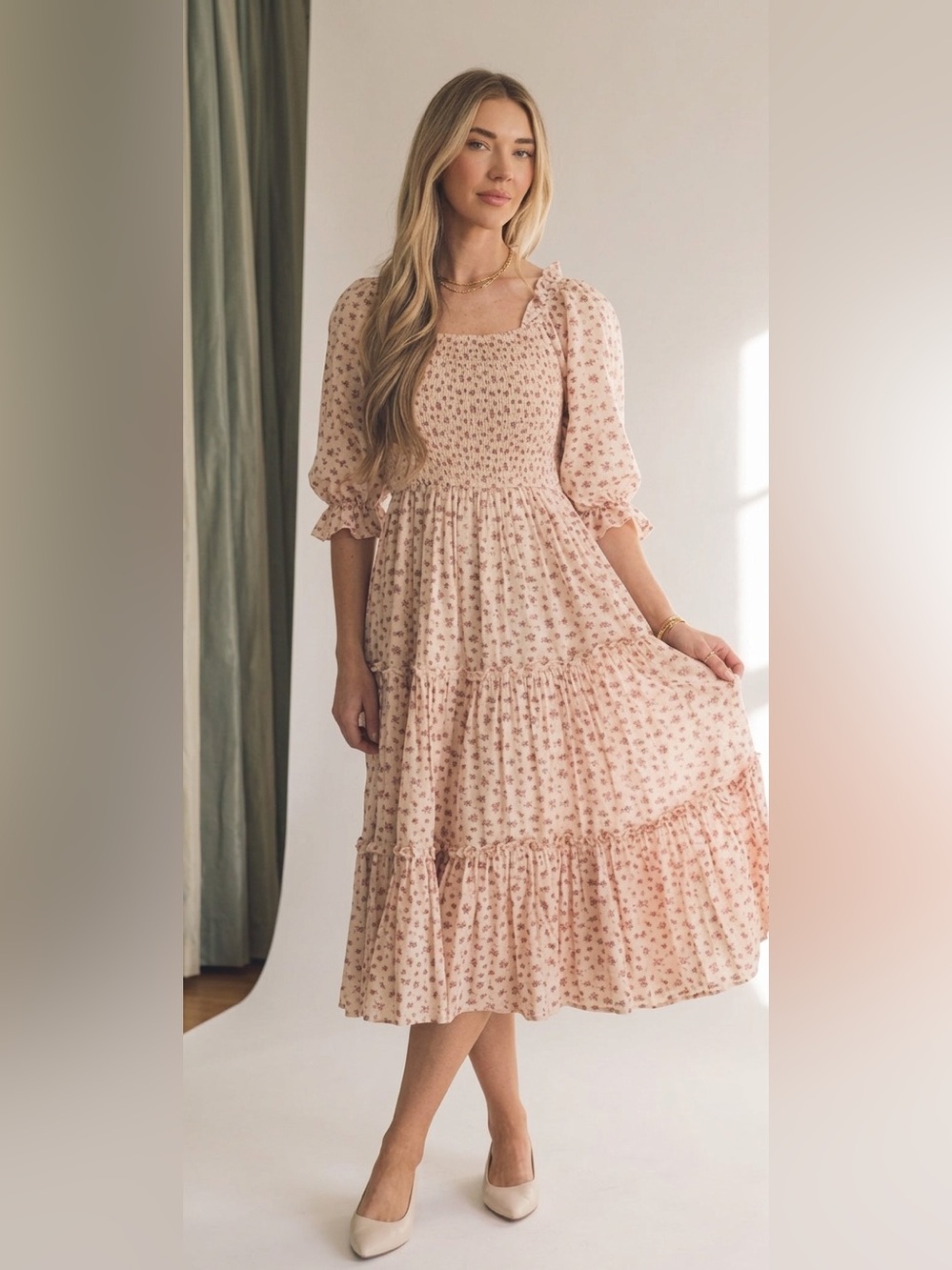 Ivy City Co Madeline Smocked Floral Tiered Midi Cottagecore Cotton Dress Size 3X